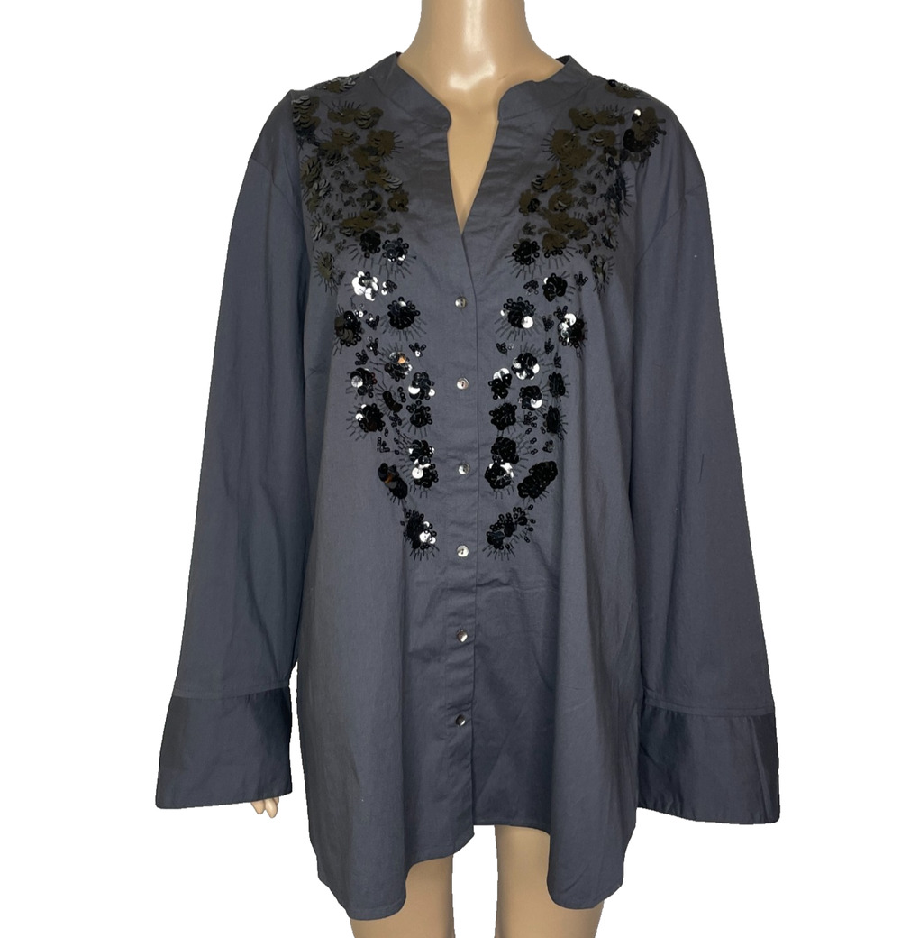 Women's 3X Nic + Zoe Evening Glam Sequin Shirt Gray Button Down Blouse NEW $169